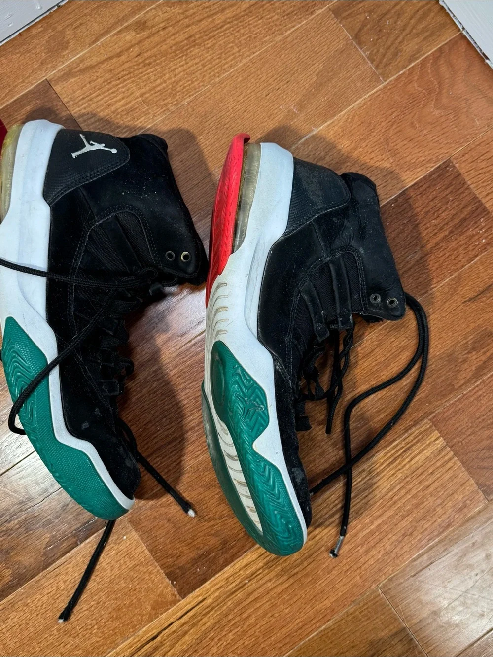 HEAVILY WORN Jordan Black High-Top Sneakers with Green and Red Outsoles